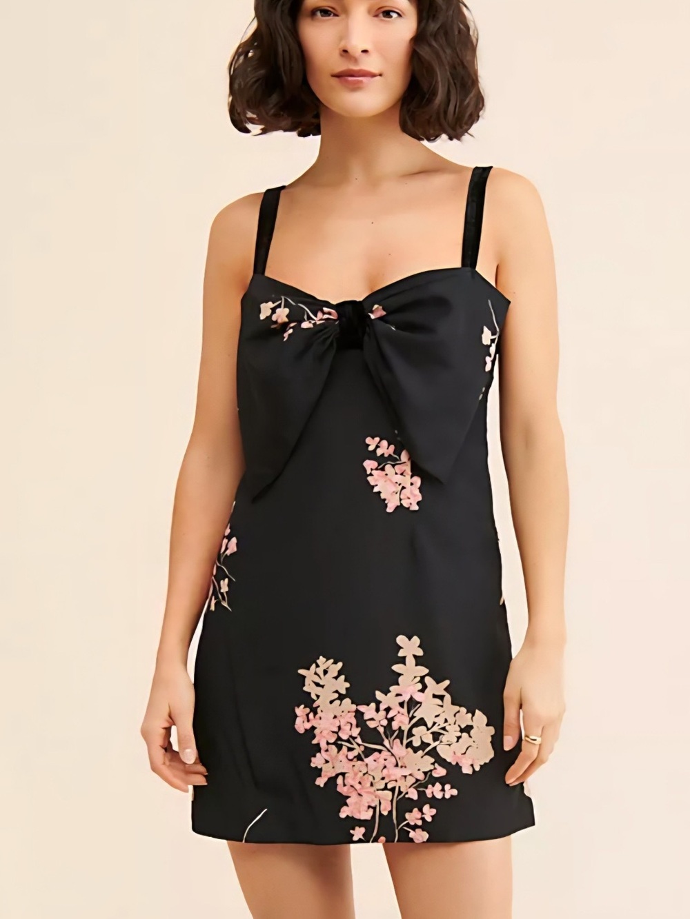 Free People Tie A Bow Mini Dress Black Floral Velvet Smocked very rare Sz. Large